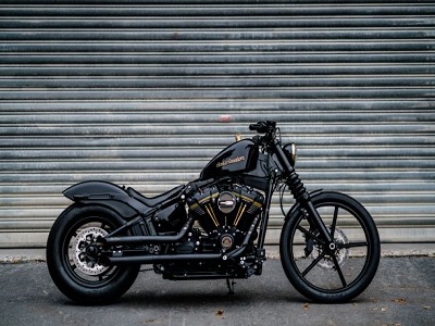 Motorcycle in front of garage door